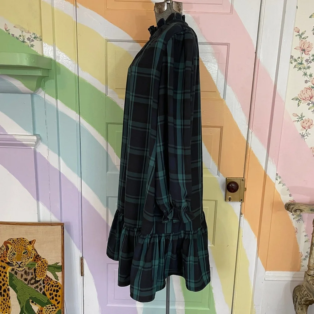 J. Crew Green Black Watch Tartan Plaid Ruffle Puff Sleeve Dress Sz 2X 🧡🎀